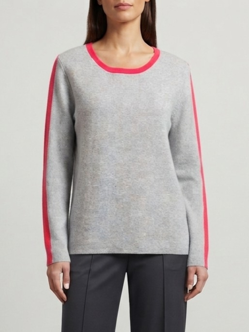 Max Studio Gray Crewneck Sweater with Red Trim and Sleeve Stripe Size Med
